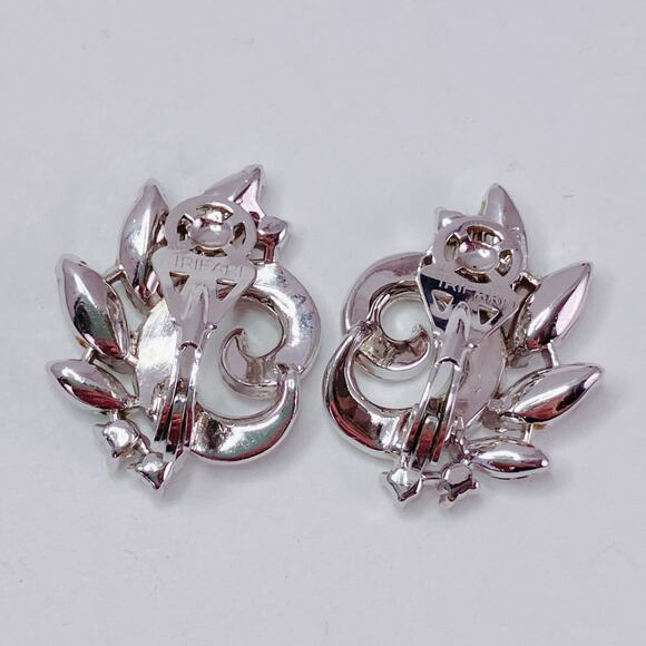 Vintage Signed Crown Trifari Mid Century Silver Tone Rhinestone Clip On Earrings - Picture 8 of 11
